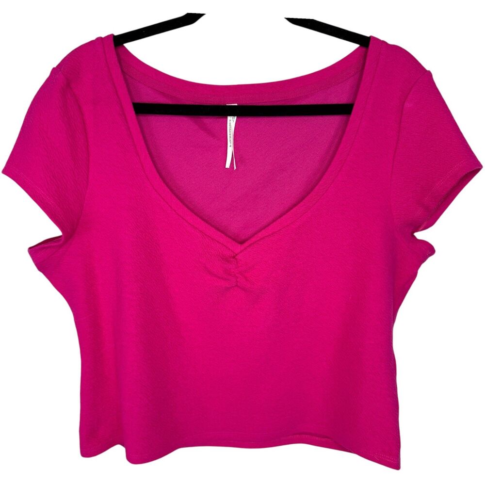 Anthropologie Hot pink  wide V-neckline crinkle cap sleeve crop top Size XL